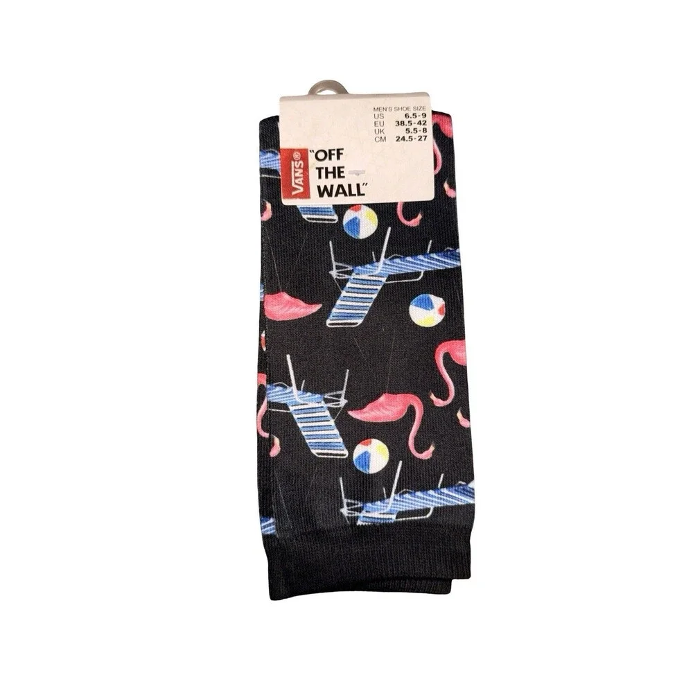 Vans Crew Socks Men’s 6.5-9 Novelty Beach Flamingo Off The Wall Black/pink 1 New
